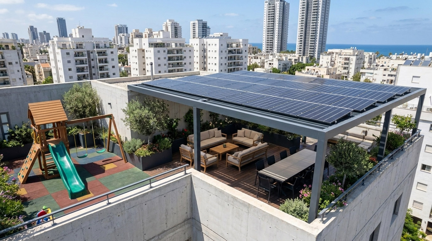 גג בניין מגורים עם פרגולת PVT, ישיבה ומתקני ילדים